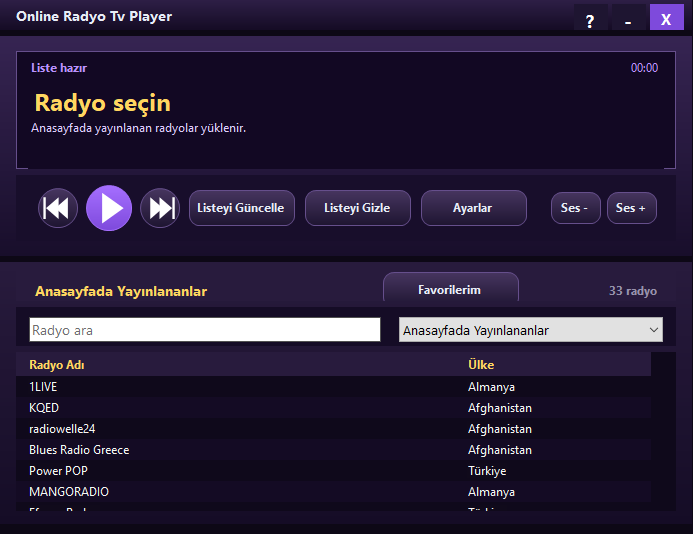 Online Radyo TV masaüstü player ekran görüntüsü